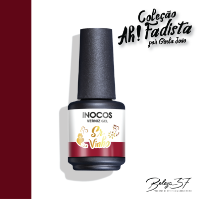 Frasco preto fosco de verniz gel INOCOS com rótulo branco, vermelho e dourado