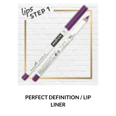 Lápis delineador labial Andreia com tampa roxa sobre fundo branco de tijolos