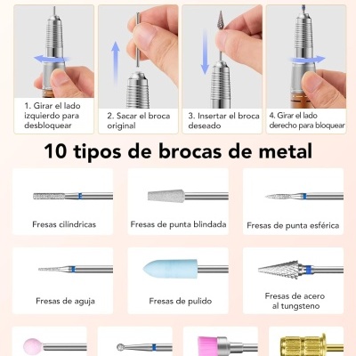 Instruções para trocar brocas e imagens de 10 tipos diferentes de brocas de metal e acessórios.