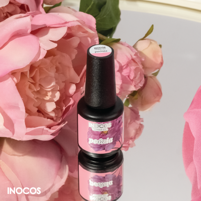 Frasco de verniz para unhas INOCOS rosa com rótulo peónia e flores peónias