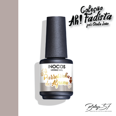 Frasco preto de verniz gel INOCOS com rótulo branco e texto decorativo