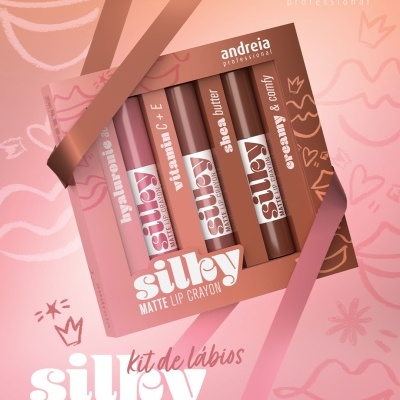 Kit de lábios matte lip crayon Silley da Andreia Professional com quatro lápis em tons de rosa e castanho.