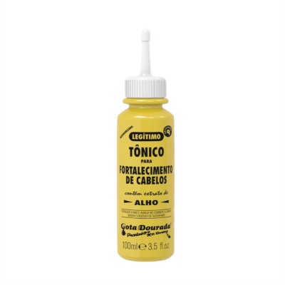 Frasco amarelo de tónico capilar com tampa branca e texto em preto.