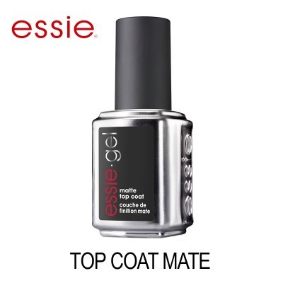 Esmalte essie gel topo mate em frasco com tampa preta e rótulo preto.