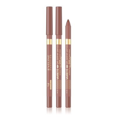 Três lápis de lábios castanhos rosados Eveline Cosmetics VARIETE 24H LIPLINER PENCIL