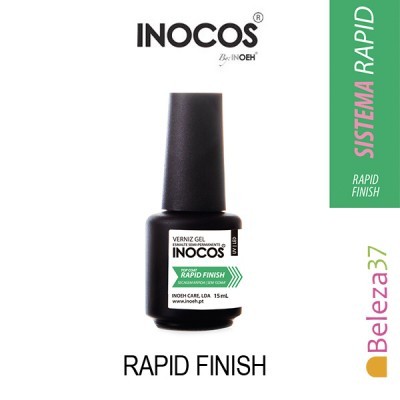 Frasco preto de verniz gel Inocos Rapid Finish com etiqueta branca e detalhes verdes e rosa