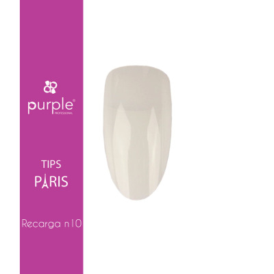 Unha artificial transparente brilhante com texto roxo à esquerda