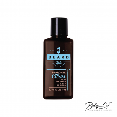 Frasco plástico castanho escuro de óleo de barba Beard Club Citrus com tampa preta.