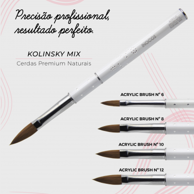 Pincéis de acrílico Inocos Kolinsky Mix em diferentes tamanhos com cabo branco