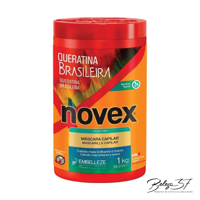 Frasco vermelho e laranja de máscara capilar Novex Queratina Brasileira de 1 kg