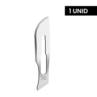 Lâmina de bisturi número 20 metálica com rótulo '1 UNID'