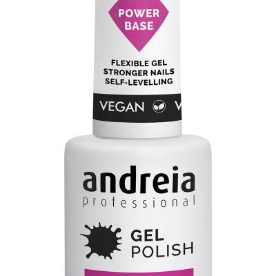Frasco branco de verniz gel da marca andreia professional com texto POWER BASE e vegan