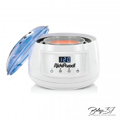 Dispositivo depilatório branco com tampa azul transparente e display digital