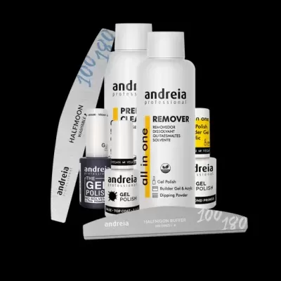 Produtos Andreia Professional para unhas com removedor, verniz gel, base e top coat, e lixas 100/180 em fundo preto