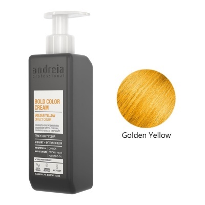 Frasco preto com doseador de creme de cor para cabelo Andreia Professional Golden Yellow