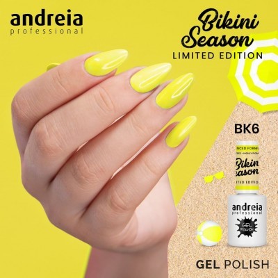 Unhas pintadas de amarelo brilhante com embalagem de Gel Polish Andreia edição Bikini Season