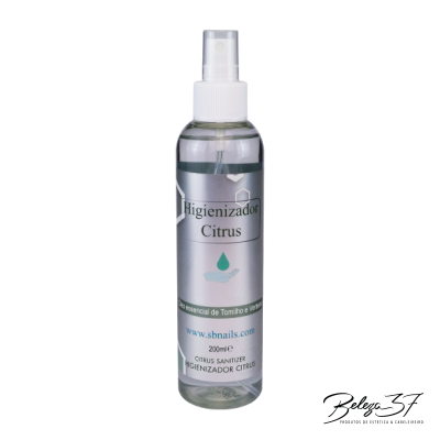 Frasco transparente com pulverizador branco de higienizador citrus de 200ml