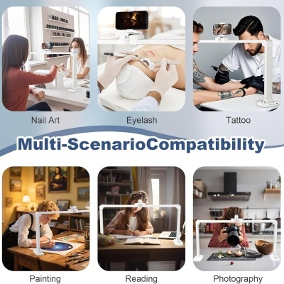 Suporte de telemóvel branco com base redonda usado em vários cenários profissionais e criativos.