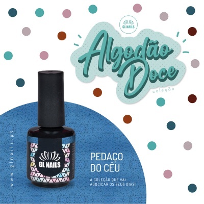 Frasco de verniz para unhas preto com texto e decoração colorida num fundo branco com pontos coloridos