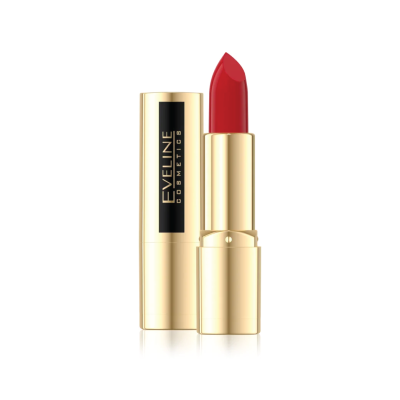 Batom vermelho com embalagem dourada e texto EVELINE COSMETICS
