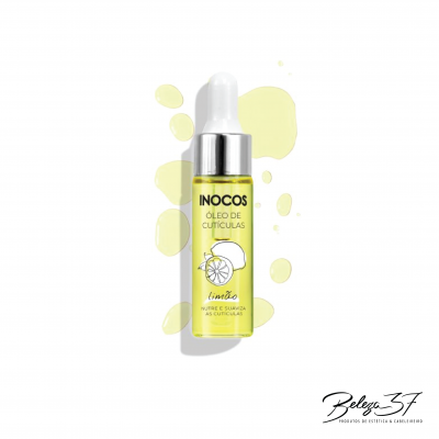 Frasco de óleo de cutículas amarelo com conta-gotas prata e rótulo de limão