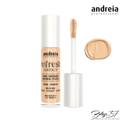 Corretor líquido bege claro com aplicador, embalagem transparente com tampa branca e texto visível.