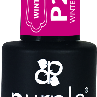 Frasco de verniz gel para unhas preto com rótulo rosa com texto