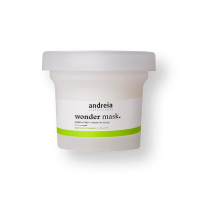 Frasco branco de produto 'wonder mask.' para mãos e pés da marca andreia professional