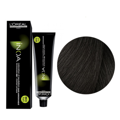 Tinta capilar L'Oréal INOA preta com amostra da cor do cabelo