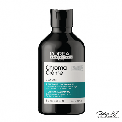 Garrafão preto de shampoo L'Oréal Chroma Crème para cabelos verdes