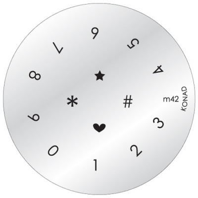 Espelho redondo prateado com números e símbolos pretos e texto m42 KONAD