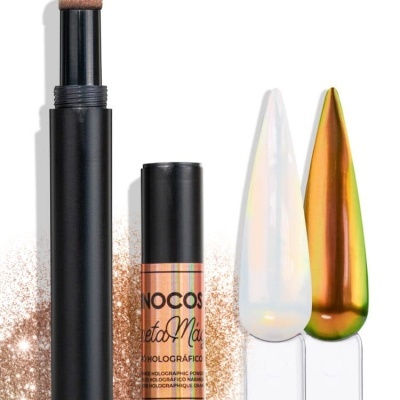 Pó compacto em stick preto com tampa e amostras de cor branca e dourada.