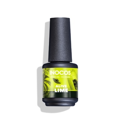 Frasco de verniz gel Inocos Alive Lime com rótulo verde e amarelo