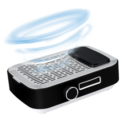 Placa de cozinhado elétrica preta e prata com painel de controlo frontal e vapor azul