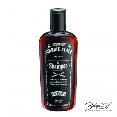 Frasco de shampoo Johnnie Black 3x1 castanho com rótulo preto e texto branco