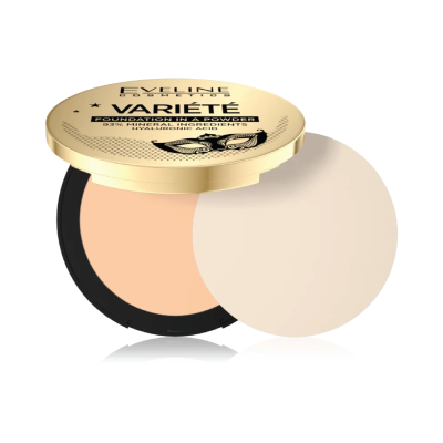 Pó compacto de maquilhagem com estojo preto e tampa dourada com texto