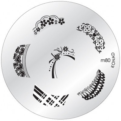Prato metálico decorado com seis padrões distintos em preto, texto m80 e KONAD no bordo.