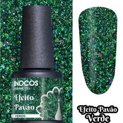 Verniz gel verde INOCOS efeito pavão com glitter cintilante