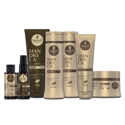 Conjunto de produtos Haskell Man DIO CA em embalagens douradas e castanhas sobre fundo branco