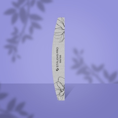 Lima de unha cinza com padrão de flores e texto STALEKS PRO 100/150 sobre fundo lilás