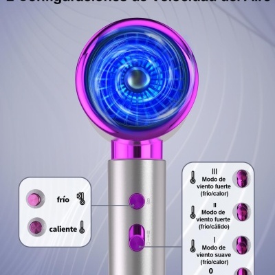 Secador de cabelo prateado com detalhes rosa e ventoinha azul, com texto em espanhol sobre configurações