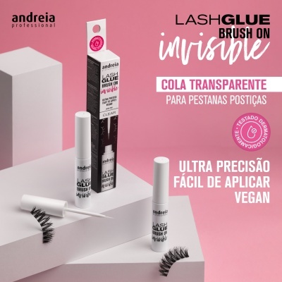 Cola transparente para pestanas postiças da andreia professional com embalagem preta, branca e rosa e pestanas postiças