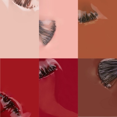 Seis tons diferentes de batons líquidos com aplicadores molhados.