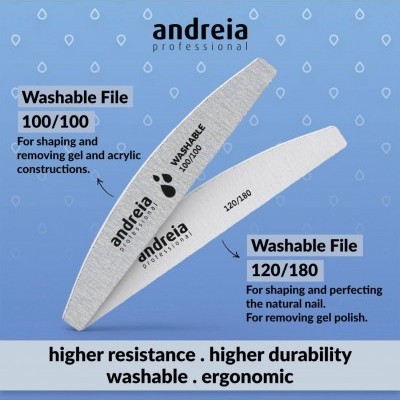 Duas lixas de unha Andreia professional, laváveis, grão 100/100 e 120/180 em fundo azul