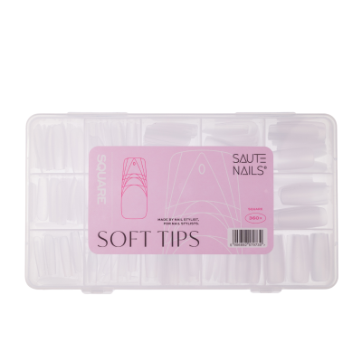 Caixa transparente com pontas de unhas falsas quadradas e rótulo rosa Saute Nails