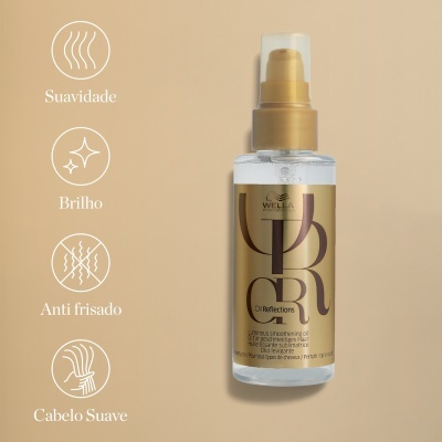 Frasco de óleo para cabelo Wella Oil Reflections com rótulo dourado e ícones de benefícios em fundo bege