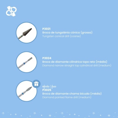 Imagem com brocas de tungsténio e diamante em fundo azul claro com descrição dos produtos