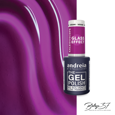 Frasco de verniz gel Andreia professional preto com tampa rosa e verniz rosa púrpura brilhante no fundo