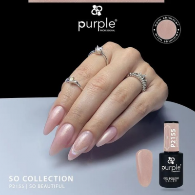 Unhas com verniz gel rosado cintilante da Purple Professional SO COLLECTION P2155 e anéis prateados