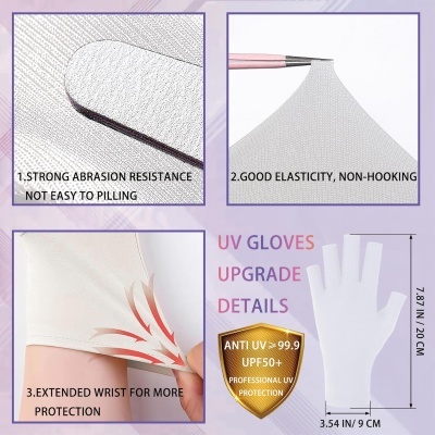 Luvas UV brancas com texto descritivo das características e selo de proteção UV profissional